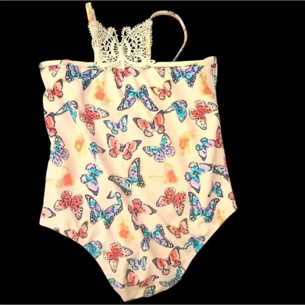 Limited Too Swimsuit 1-Piece Crocheted‎ Butterfly Print Ruffle Girls sz X…